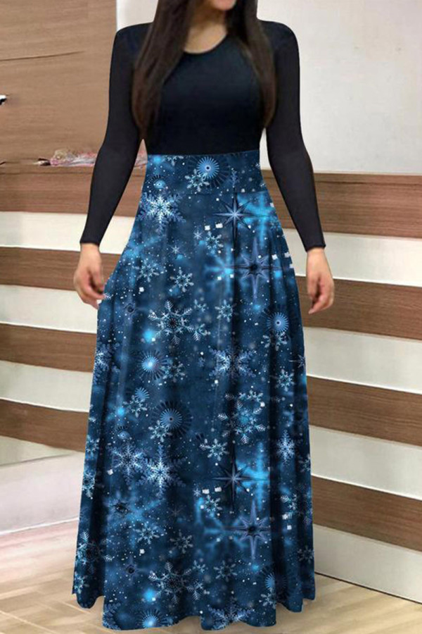 Blue Casual Print Patchwork O Neck A Line Dresses