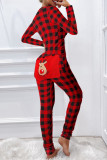 Red Fashion Living Plaid Print Patchwork V Neck Regular Jumpsuits