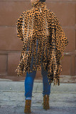 Leopard Print Street Print Leopard Tassel Split Joint O Neck Tops