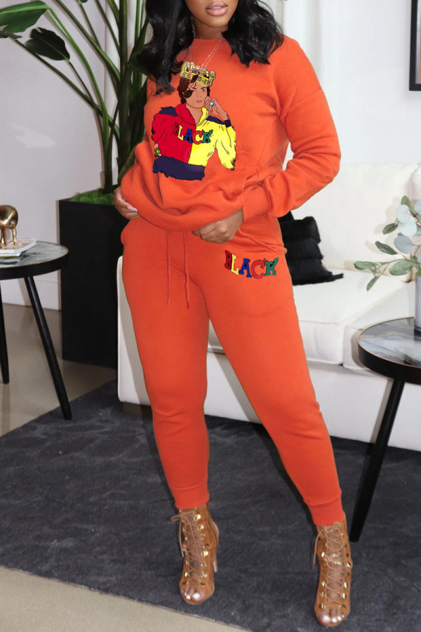 Tangerine Red Casual Print Patchwork O Neck Long Sleeve Two Pieces