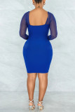 Blue Sexy Solid Split Joint See-through Square Collar One Step Skirt Dresses