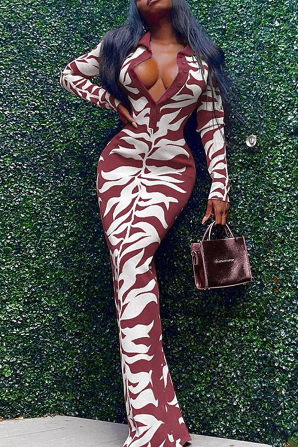 Rust Red Sexy Print Patchwork Buckle Turndown Collar One Step Skirt Dresses