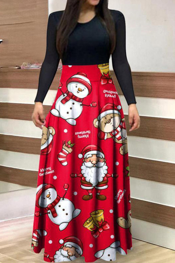 Red Casual Print Patchwork O Neck A Line Dresses