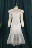 White Fashion Sexy Patchwork See-through Turtleneck Long Sleeve Dresses