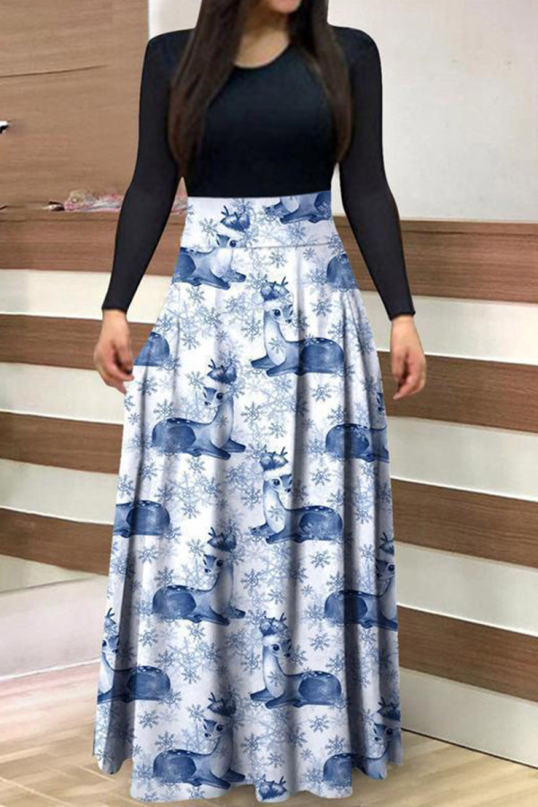 Blue White Casual Print Patchwork O Neck A Line Dresses