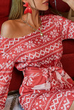Red Fashion Casual Print With Belt O Neck Long Sleeve Dresses