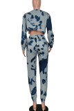 Blue Casual Print Patchwork O Neck Long Sleeve Two Pieces