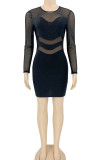 Black Sexy Solid Patchwork See-through O Neck One Step Skirt Dresses