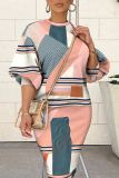 Colour Casual Print Patchwork O Neck Pencil Skirt Dresses