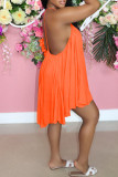 Orange Sexy Solid Hollowed Out Backless Spaghetti Strap Sleeveless Dress