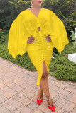 Yellow Fashion Solid Hollowed Out Fold Asymmetrical V Neck Long Sleeve Dresses