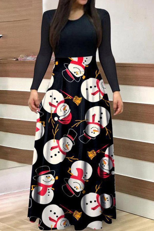 Black Casual Print Patchwork O Neck A Line Dresses