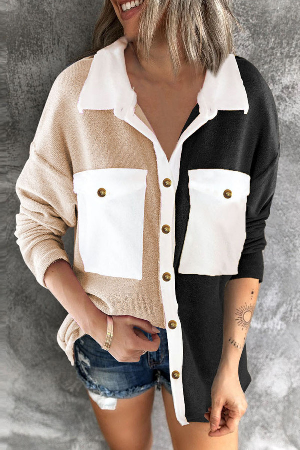 Black Casual Solid Patchwork Pocket Buckle Turndown Collar Tops