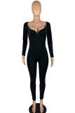 Navy Fashion Casual Solid Basic V Neck Skinny Jumpsuits