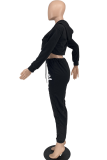 Black Casual Print Patchwork Hooded Collar Long Sleeve Two Pieces