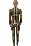 Khaki Fashion Casual Plaid Print Basic Turtleneck Long Sleeve Two Pieces