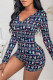 Blue Fashion Casual Print Basic V Neck Long Sleeve Skinny Romper