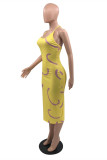 Yellow Fashion Sexy Print Backless Halter Sleeveless Dress