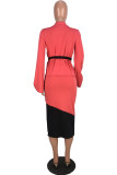 Red Fashion Casual Patchwork With Belt Long Sleeve Two Pieces