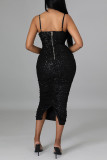 Apricot Fashion Sexy Patchwork Sequins Backless Slit Spaghetti Strap Long Dress