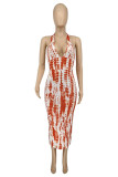 Orange Fashion Sexy Print Backless Halter Sleeveless Dress