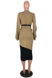 Red Fashion Casual Patchwork With Belt Long Sleeve Two Pieces