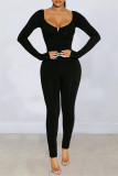 Navy Fashion Casual Solid Basic V Neck Skinny Jumpsuits