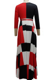 Red Black Casual Elegant Color Lump Print Bandage Patchwork V Neck Straight Dresses