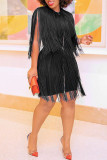 Purple Casual Solid Tassel Patchwork Zipper O Neck Dresses