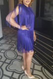 Purple Casual Solid Tassel Patchwork Zipper O Neck Dresses