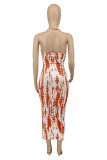 Orange Fashion Sexy Print Backless Halter Sleeveless Dress