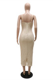 Apricot Fashion Sexy Patchwork Sequins Backless Slit Spaghetti Strap Long Dress