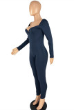 Navy Fashion Casual Solid Basic V Neck Skinny Jumpsuits