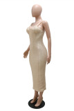 Apricot Fashion Sexy Patchwork Sequins Backless Slit Spaghetti Strap Long Dress