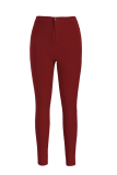 Burgundy Sexy Solid Patchwork Skinny Mid Waist Pencil Solid Color Bottoms