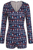 Blue Fashion Casual Print Basic V Neck Long Sleeve Skinny Romper