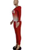 Tangerine Red Casual Print Patchwork O Neck Long Sleeve Two Pieces