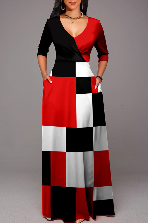 Red Black Casual Elegant Color Lump Print Bandage Patchwork V Neck Straight Dresses