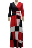 Red Black Casual Elegant Color Lump Print Bandage Patchwork V Neck Straight Dresses