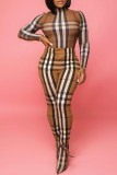 Khaki Fashion Casual Plaid Print Basic Turtleneck Long Sleeve Two Pieces