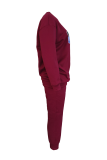 Burgundy Street Print Letter O Neck Long Sleeve Two Pieces