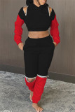 Red Gray Fashion Casual Patchwork Hollowed Out Zipper Hooded Collar Long Sleeve Two Pieces
