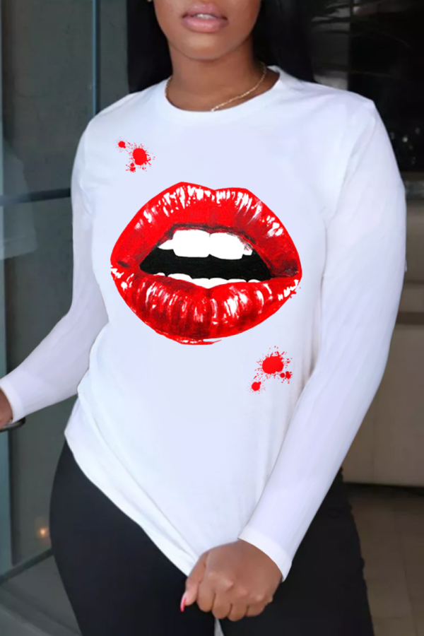 White Casual Daily Print Patchwork O Neck Tops