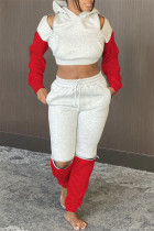 Red Gray Fashion Casual Patchwork Hollowed Out Zipper Hooded Collar Long Sleeve Two Pieces