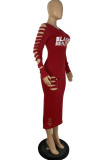 Blue Fashion Casual Letter Print Ripped O Neck Long Sleeve Dresses