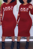Blue Fashion Casual Letter Print Ripped O Neck Long Sleeve Dresses