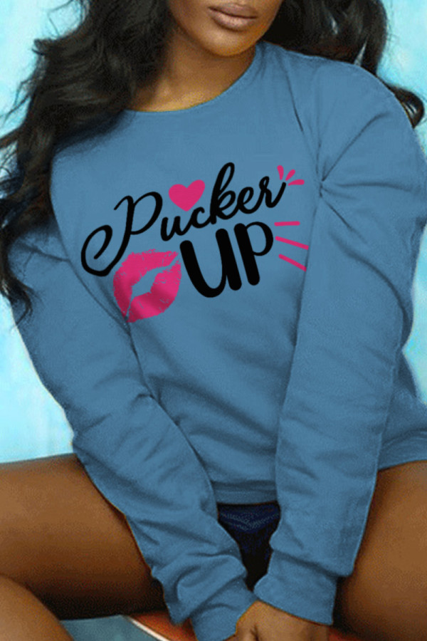 Blue Casual Print Patchwork O Neck Tops