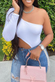 White Sexy Casual Solid Backless Asymmetrical Oblique Collar Tops