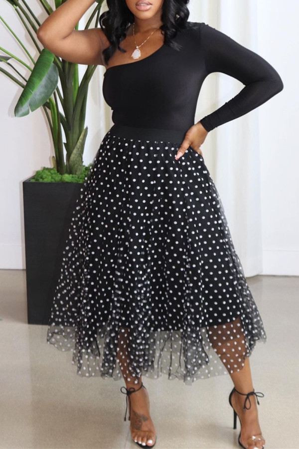 Black Fashion Casual Dot Print Basic Oblique Collar Long Sleeve Two Pieces