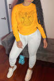 Yellow Casual Cute Print Patchwork O Neck Tops